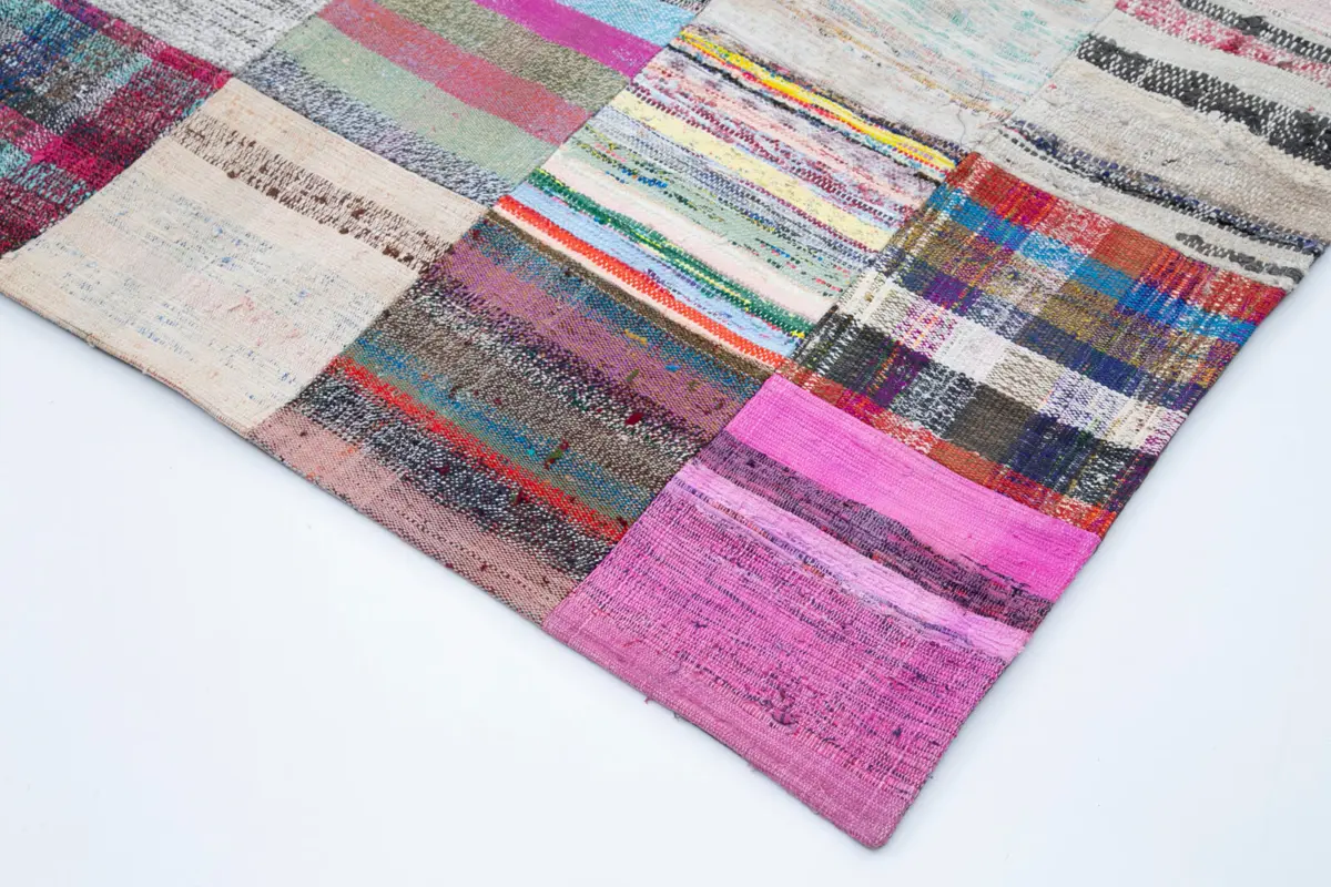 Chaput Patchwork Beyaz Renk Pamuk Üzerine Yün El Dokuma Kilim-240x357 - Görsel 4