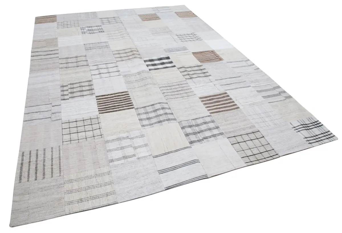 İnce Bez Patchwork Beyaz Pamuk Üzerine Yün El Dokuma Kilim-248x349 - Görsel 2