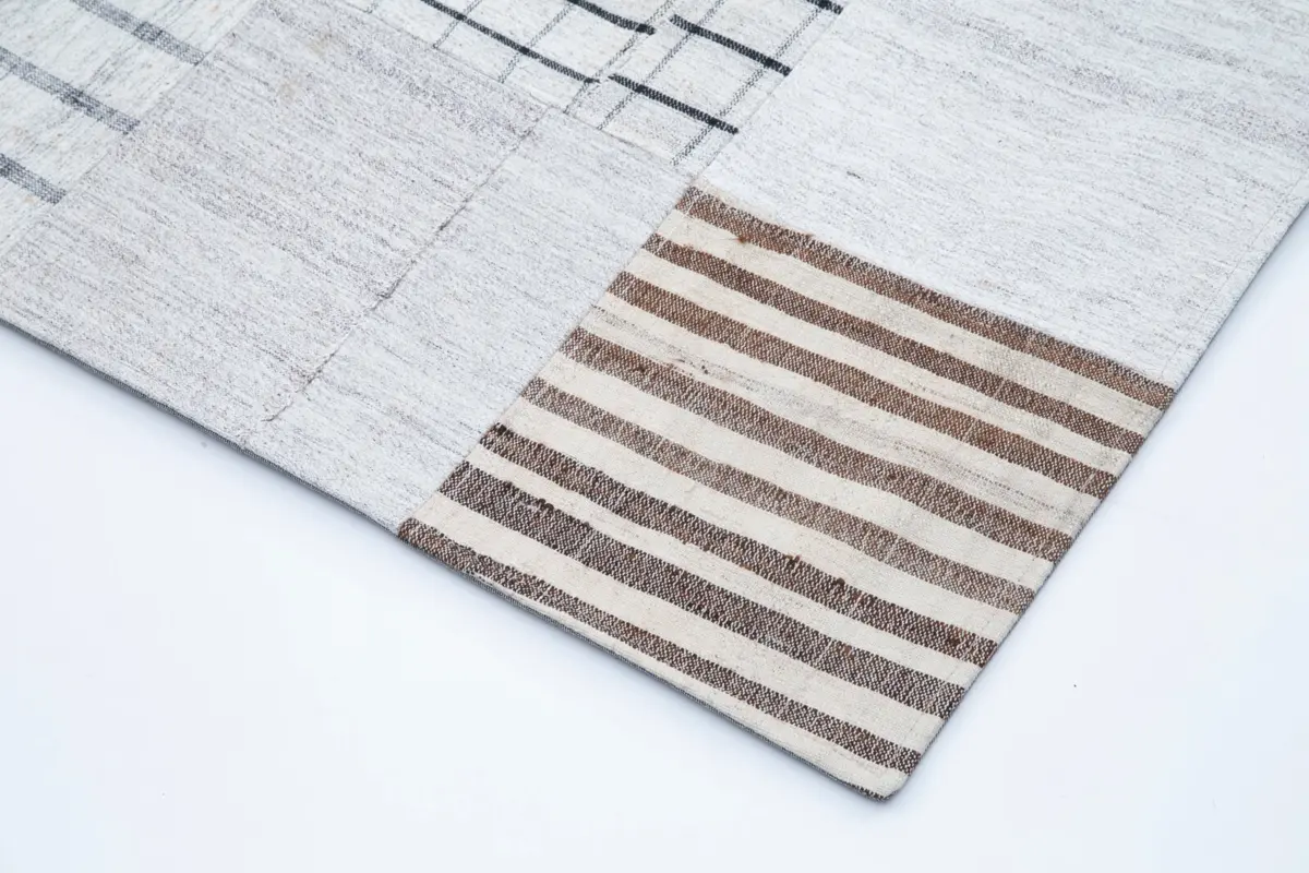 İnce Bez Patchwork Beyaz Pamuk Üzerine Yün El Dokuma Kilim-248x349 - Görsel 4