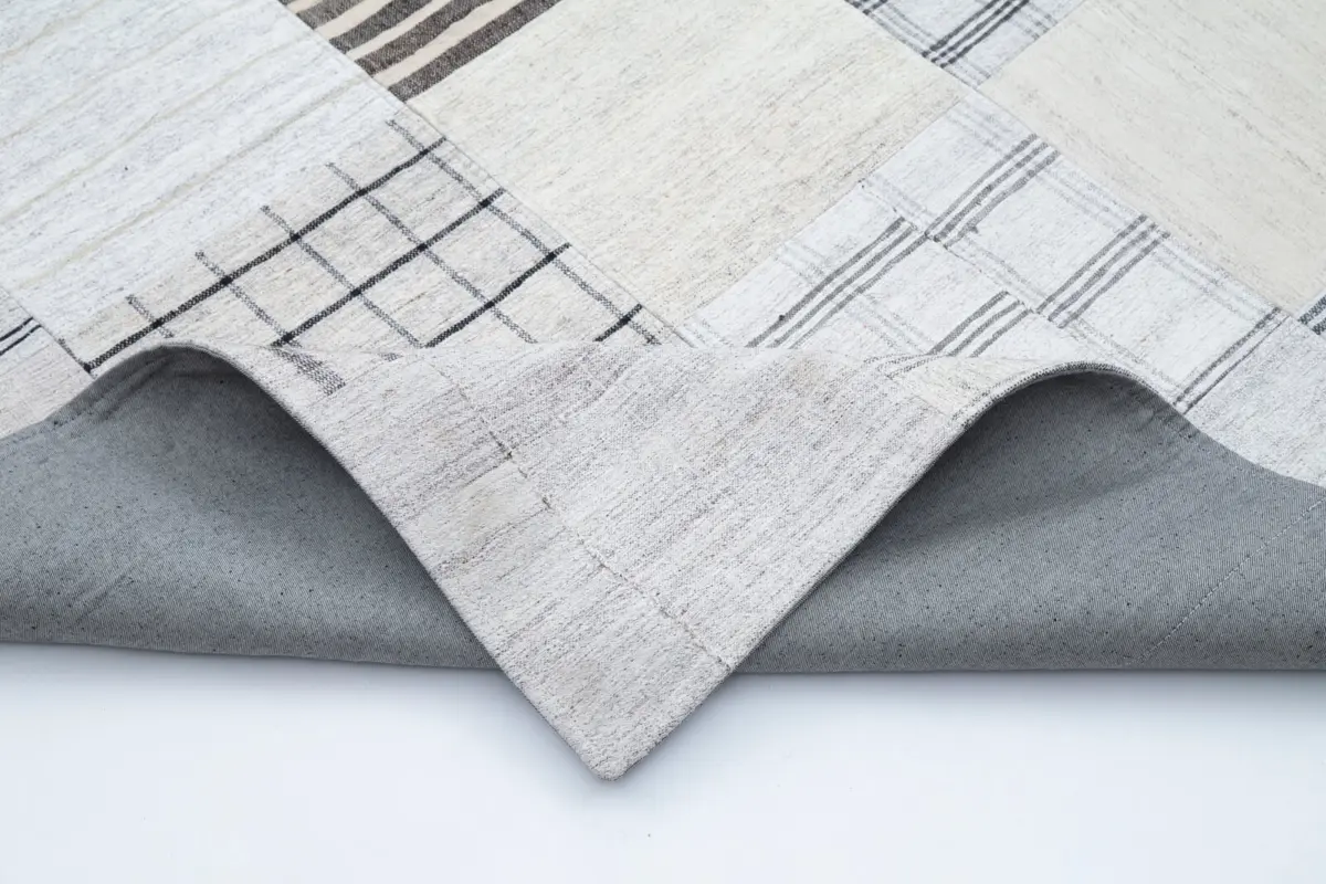İnce Bez Patchwork Beyaz Pamuk Üzerine Yün El Dokuma Kilim-248x349 - Görsel 5