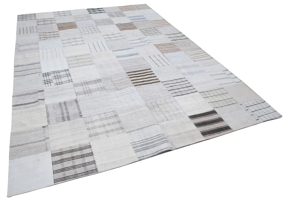 İnce Bez Patchwork Beyaz Pamuk Üzerine Yün El Dokuma Kilim-248x349 - Görsel 2