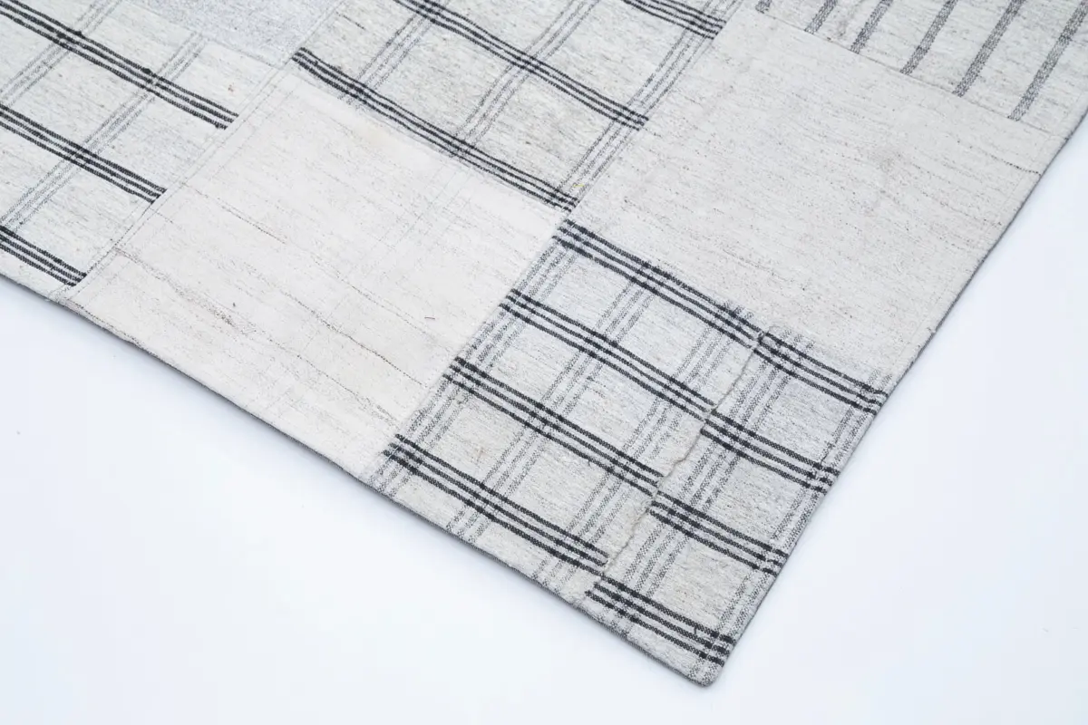 İnce Bez Patchwork Beyaz Pamuk Üzerine Yün El Dokuma Kilim-248x349 - Görsel 4
