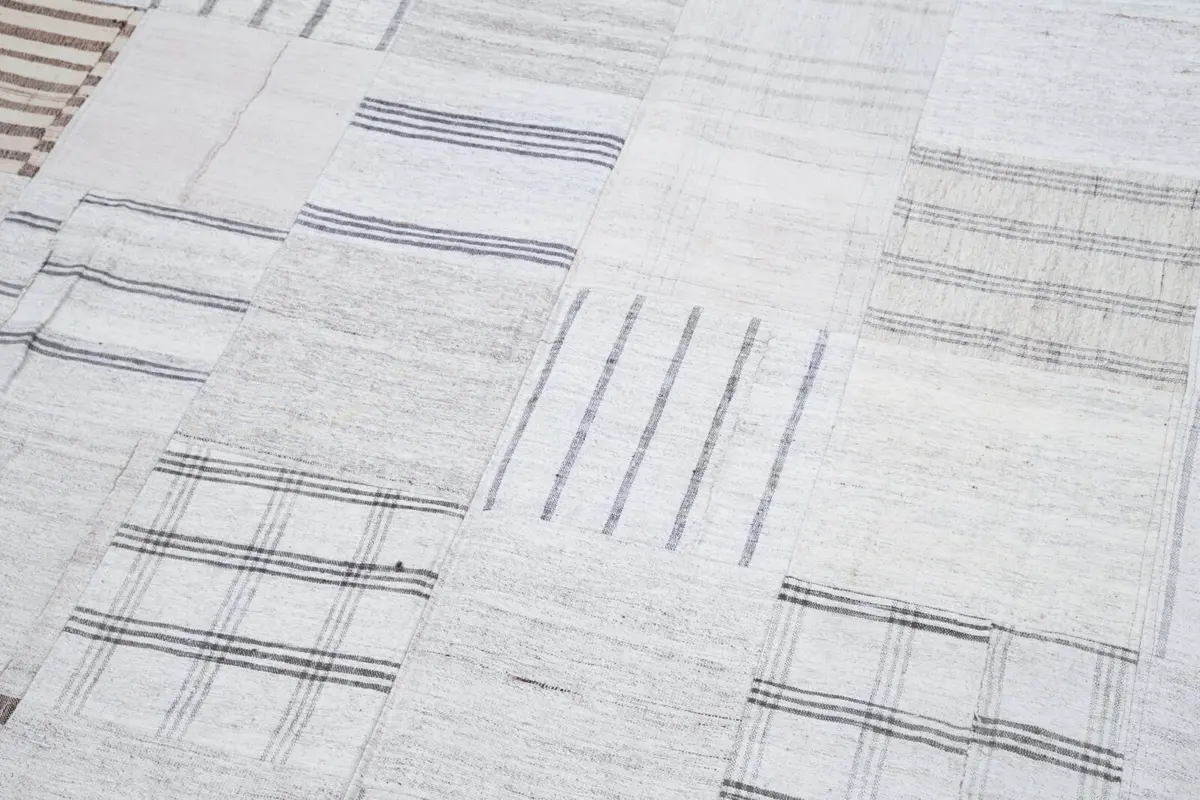 İnce Bez Patchwork Beyaz Pamuk Üzerine Yün El Dokuma Kilim-248x349 - Görsel 6