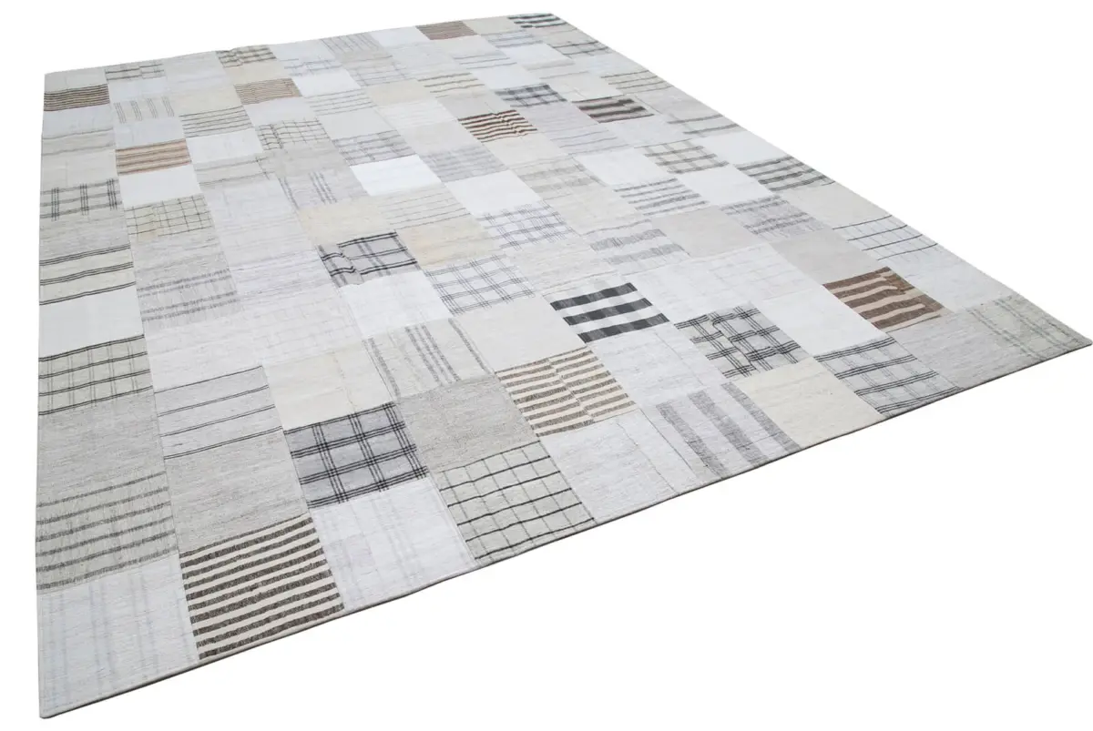 İnce Bez Patchwork Beyaz Pamuk Üzerine Yün El Dokuma Kilim-302x400 - Görsel 2