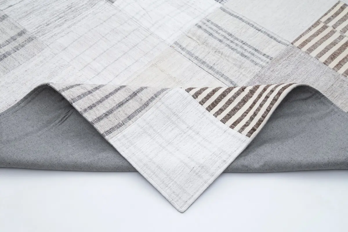 İnce Bez Patchwork Beyaz Pamuk Üzerine Yün El Dokuma Kilim-302x400 - Görsel 5