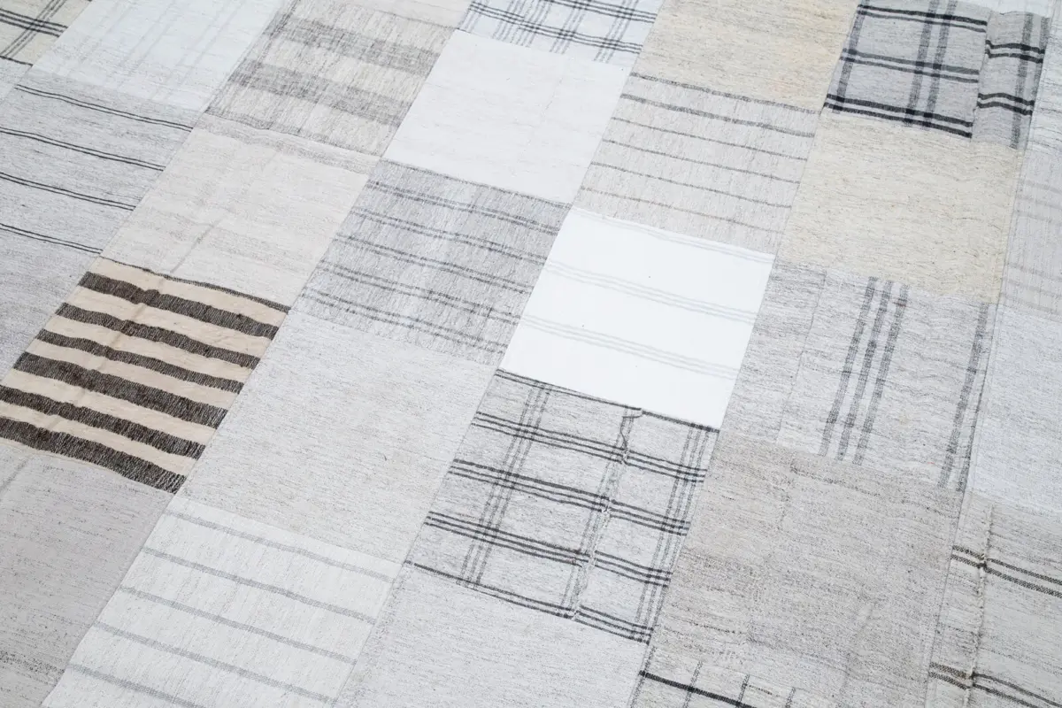 İnce Bez Patchwork Beyaz Pamuk Üzerine Yün El Dokuma Kilim-302x400 - Görsel 6