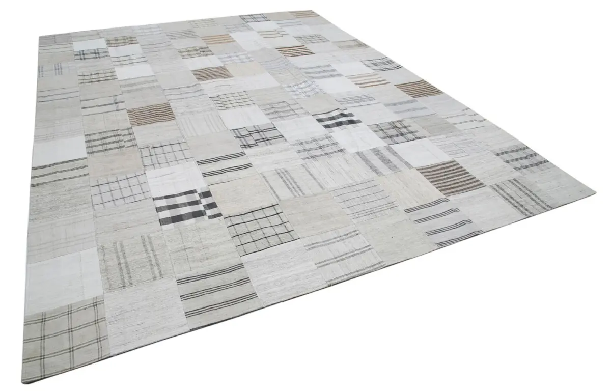 İnce Bez Patchwork Bej Pamuk Üzerine Yün El Dokuma Kilim-302x394 - Görsel 2