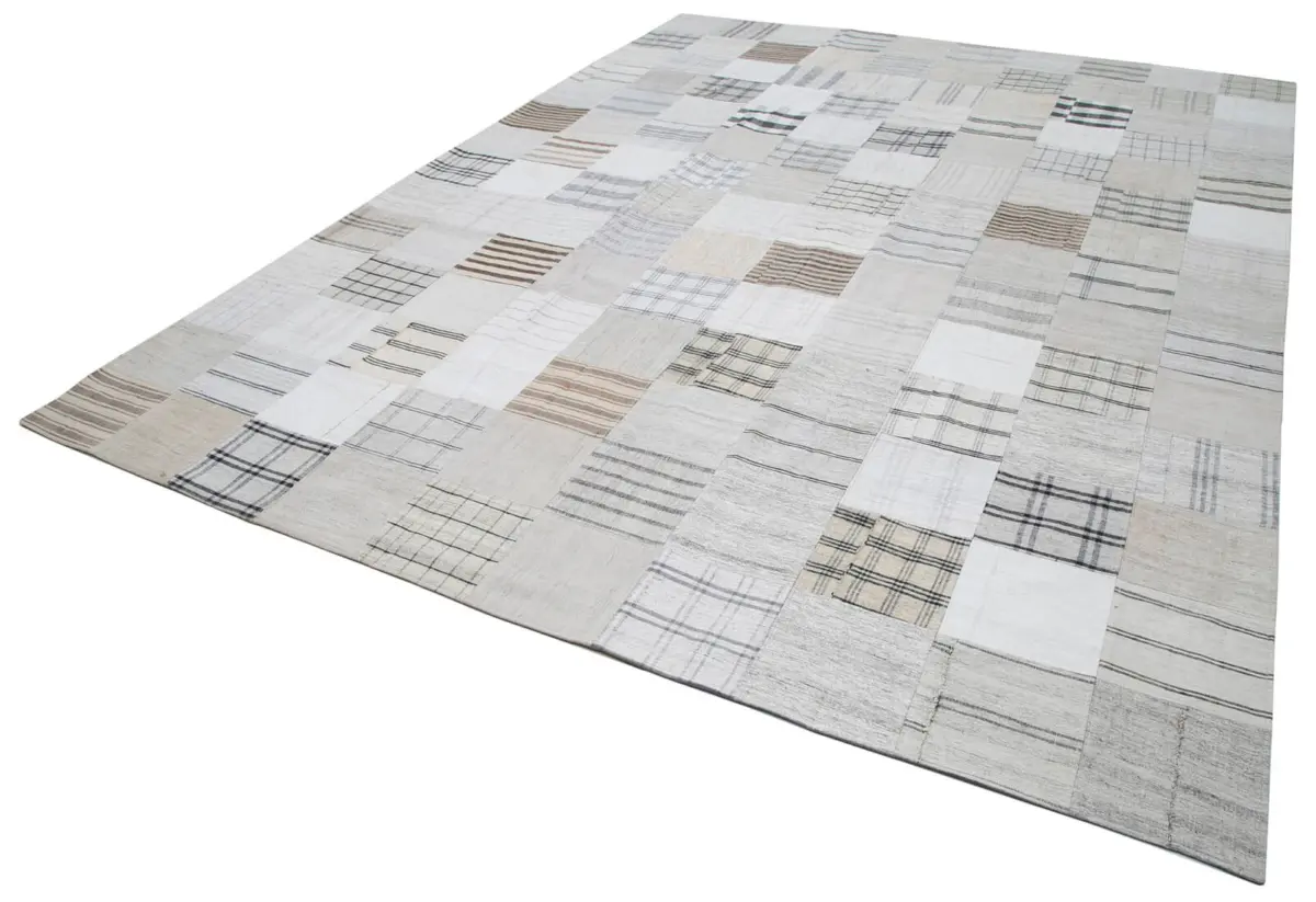 İnce Bez Patchwork Bej Pamuk Üzerine Yün El Dokuma Kilim-302x394 - Görsel 3