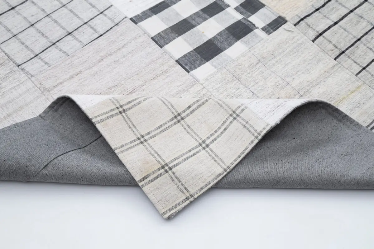 İnce Bez Patchwork Bej Pamuk Üzerine Yün El Dokuma Kilim-302x394 - Görsel 5