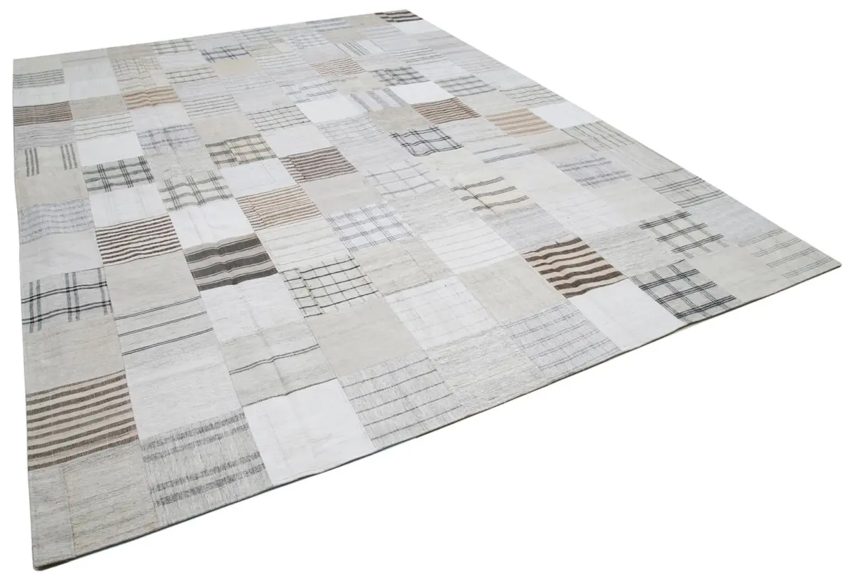 İnce Bez Patchwork Bej Pamuk Üzerine Yün El Dokuma Kilim-303x398 - Görsel 2