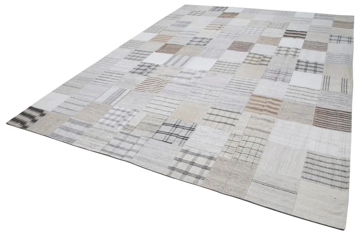 İnce Bez Patchwork Bej Pamuk Üzerine Yün El Dokuma Kilim-303x398 - Görsel 3