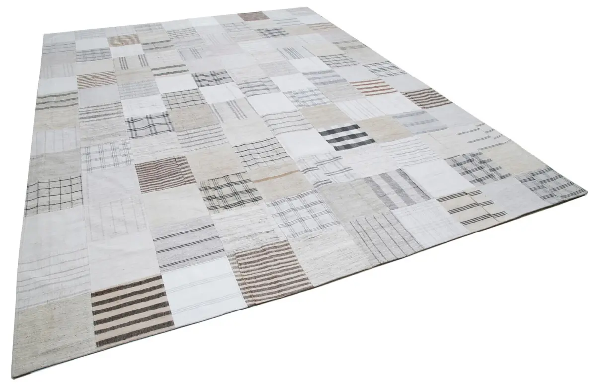 İnce Bez Patchwork Bej Pamuk Üzerine Yün El Dokuma Kilim-301x400 - Görsel 2