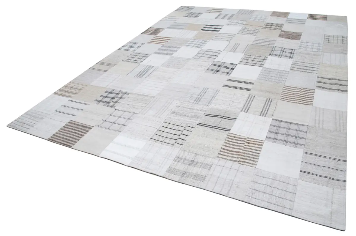 İnce Bez Patchwork Bej Pamuk Üzerine Yün El Dokuma Kilim-301x400 - Görsel 3