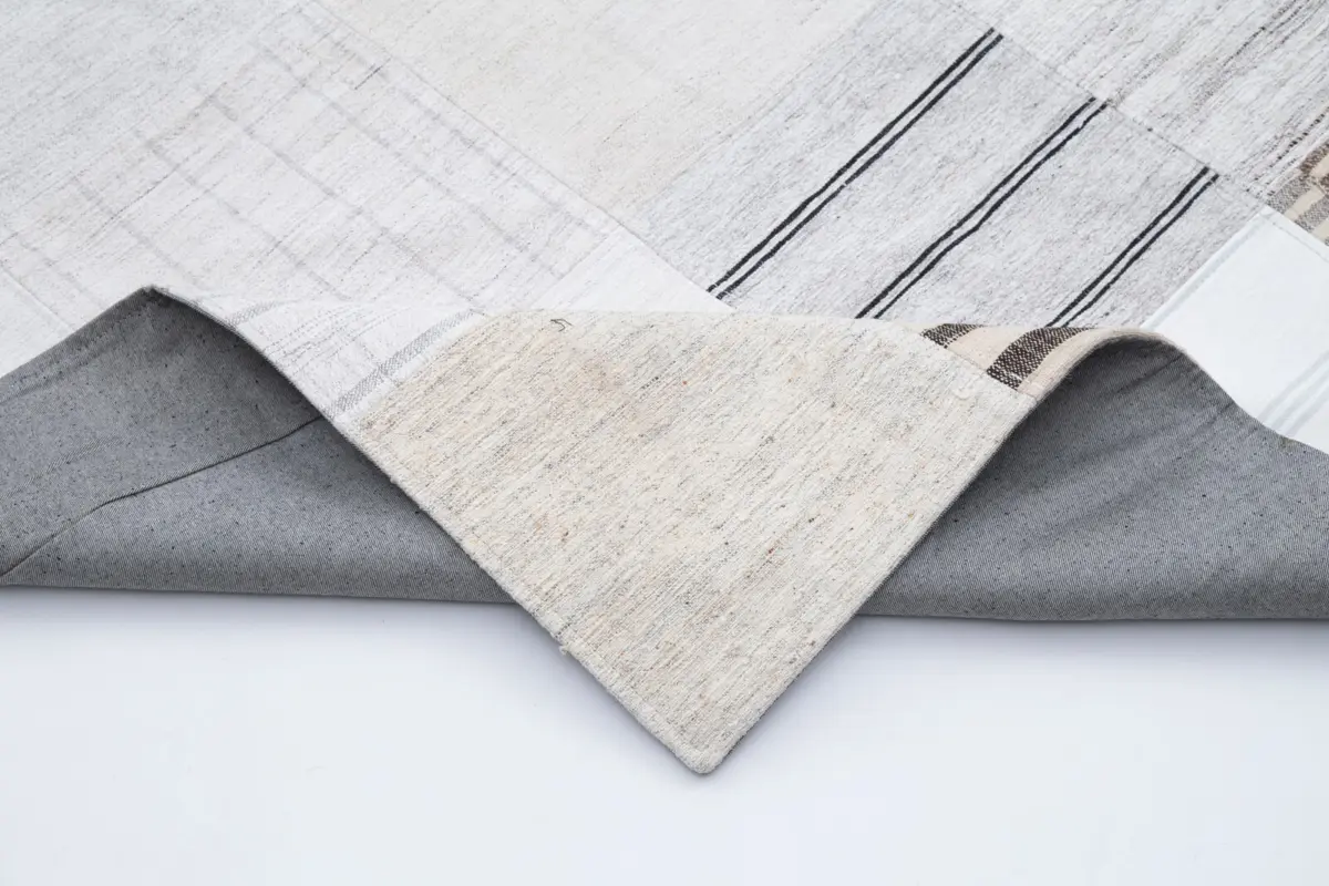 İnce Bez Patchwork Bej Pamuk Üzerine Yün El Dokuma Kilim-301x400 - Görsel 5