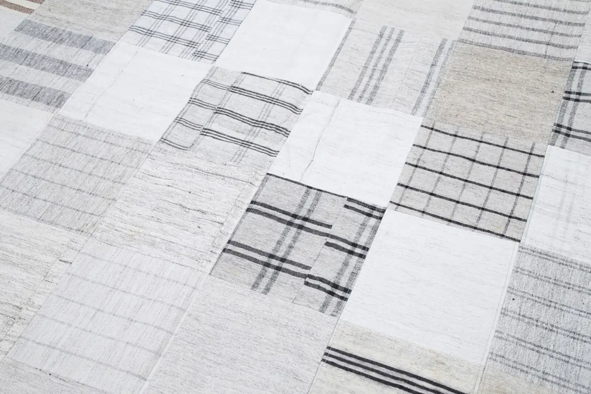 İnce Bez Patchwork Bej Pamuk Üzerine Yün El Dokuma Kilim-301x400 - Görsel 6