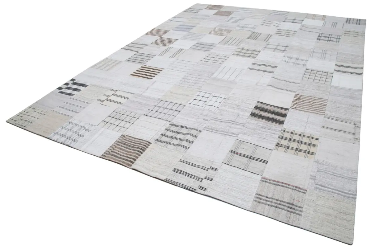 İnce Bez Patchwork Bej Pamuk Üzerine Yün El Dokuma Kilim-301x406 - Görsel 3