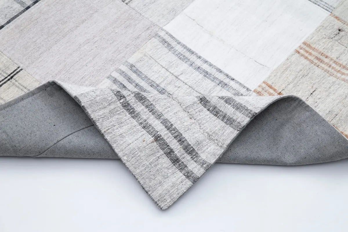 İnce Bez Patchwork Bej Pamuk Üzerine Yün El Dokuma Kilim-301x406 - Görsel 5