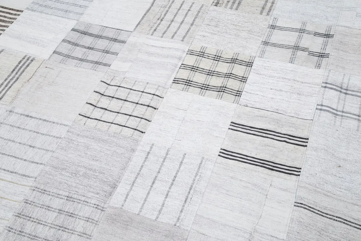 İnce Bez Patchwork Bej Pamuk Üzerine Yün El Dokuma Kilim-301x406 - Görsel 6