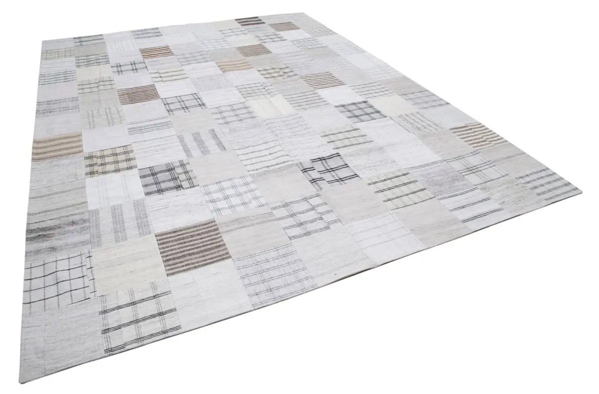 İnce Bez Patchwork Bej Pamuk Üzerine Yün El Dokuma Kilim-302x400 - Görsel 2