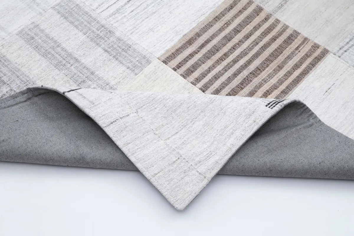 İnce Bez Patchwork Bej Pamuk Üzerine Yün El Dokuma Kilim-302x400 - Görsel 5
