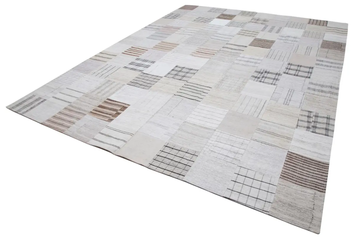 İnce Bez Patchwork Bej Pamuk Üzerine Yün El Dokuma Kilim-302x401 - Görsel 3