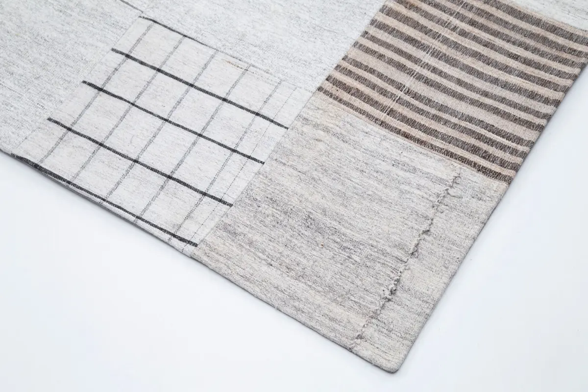 İnce Bez Patchwork Bej Pamuk Üzerine Yün El Dokuma Kilim-302x401 - Görsel 4