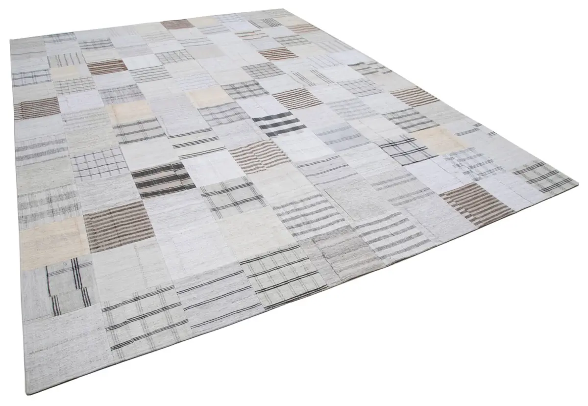 İnce Bez Patchwork Bej Pamuk Üzerine Yün El Dokuma Kilim-302x400 - Görsel 2