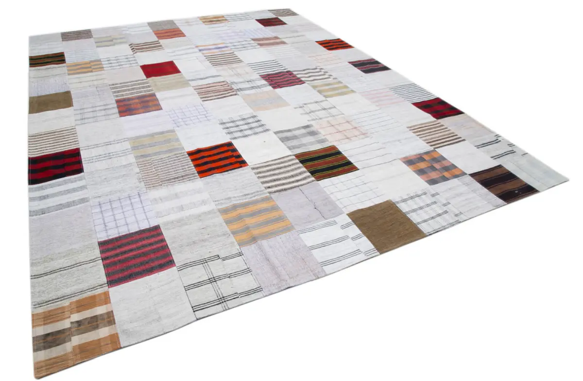 İnce Bez Patchwork Beyaz Pamuk Üzerine Yün El Dokuma Kilim-302x398 - Görsel 2