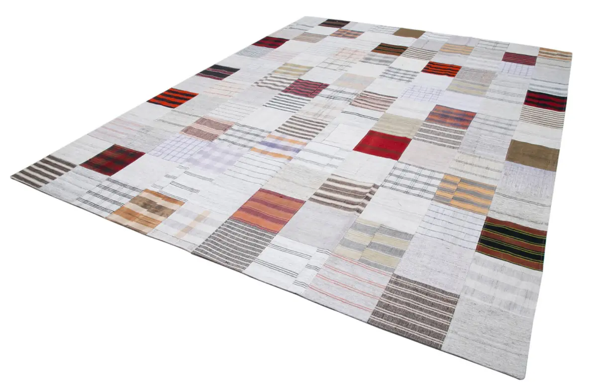 İnce Bez Patchwork Beyaz Pamuk Üzerine Yün El Dokuma Kilim-302x398 - Görsel 3