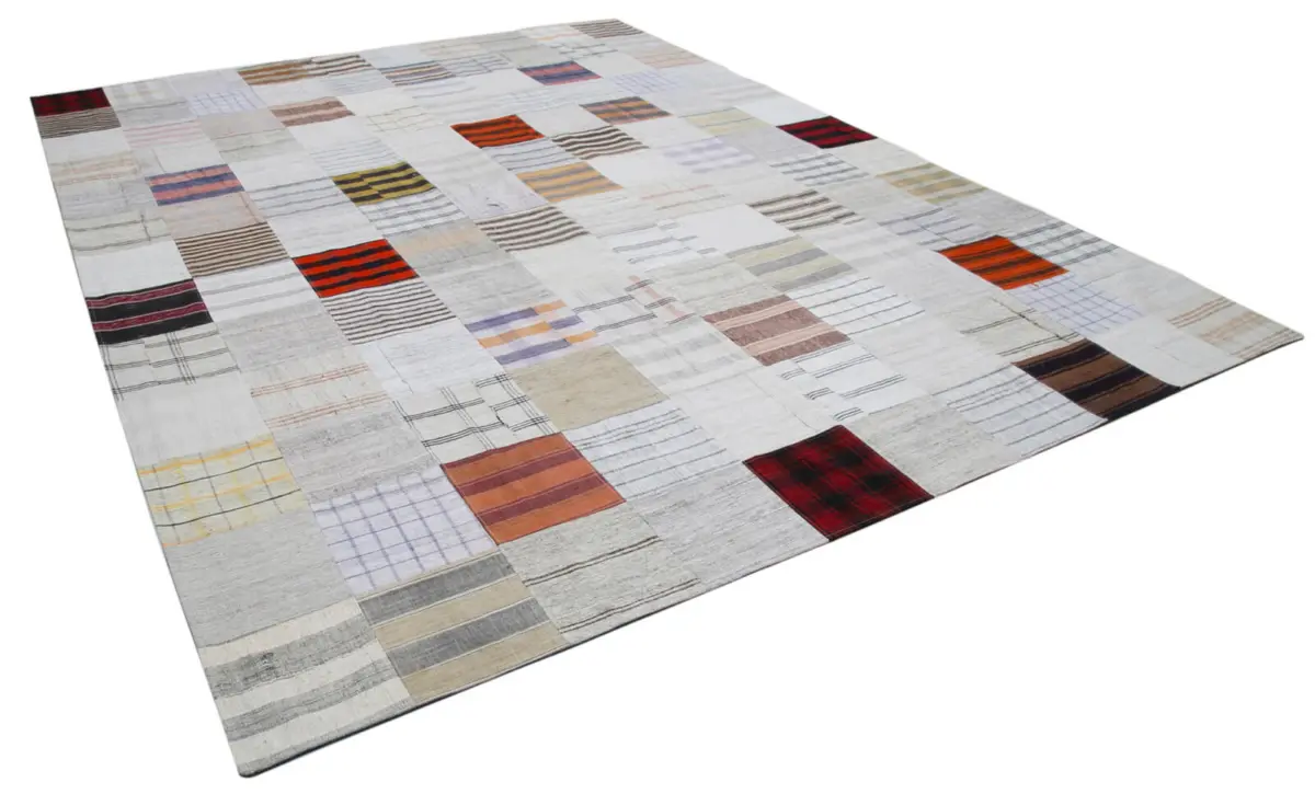 İnce Bez Patchwork Multi Pamuk Üzerine Yün El Dokuma Kilim-303x400 - Görsel 2