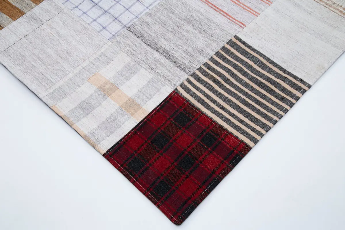 İnce Bez Patchwork Multi Pamuk Üzerine Yün El Dokuma Kilim-303x400 - Görsel 4