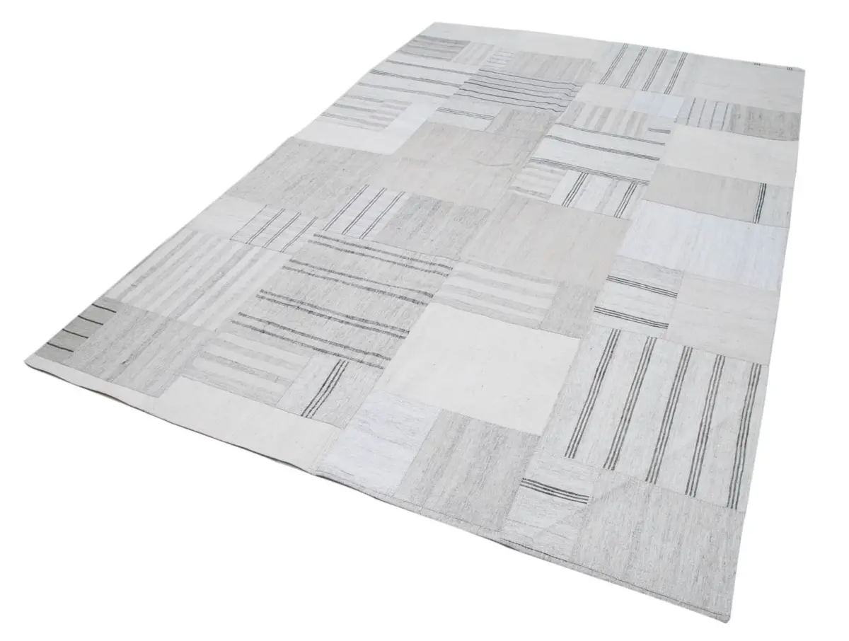 İnce Bez Patchwork Bej Pamuk Üzerine Yün El Dokuma Kilim-206x307 - Görsel 3