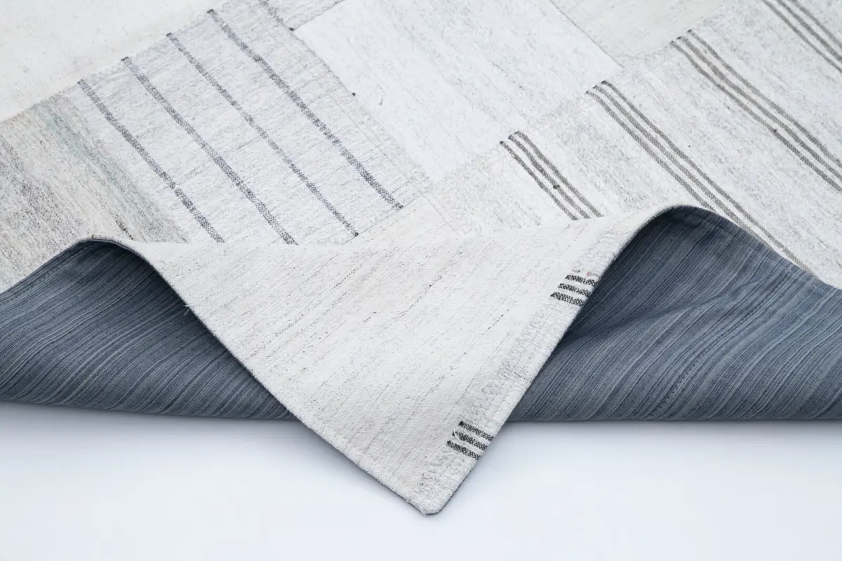 İnce Bez Patchwork Bej Pamuk Üzerine Yün El Dokuma Kilim-206x307 - Görsel 5