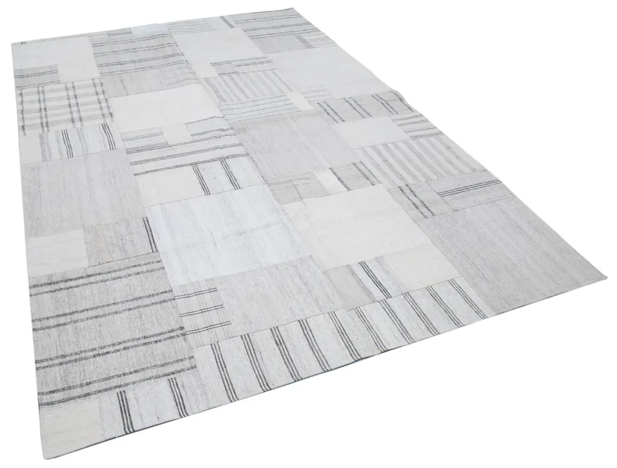 İnce Bez Patchwork Bej Pamuk Üzerine Yün El Dokuma Kilim-206x304 - Görsel 2