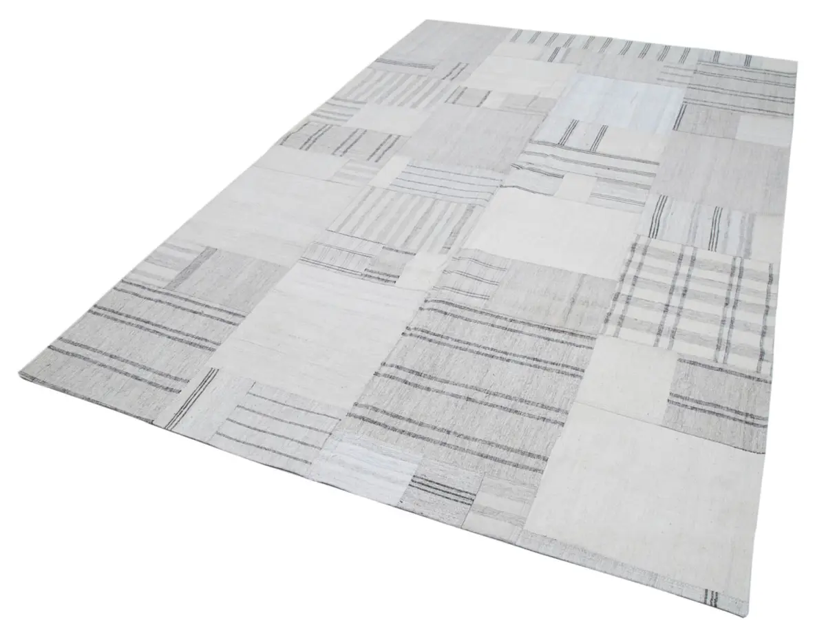 İnce Bez Patchwork Bej Pamuk Üzerine Yün El Dokuma Kilim-206x304 - Görsel 3