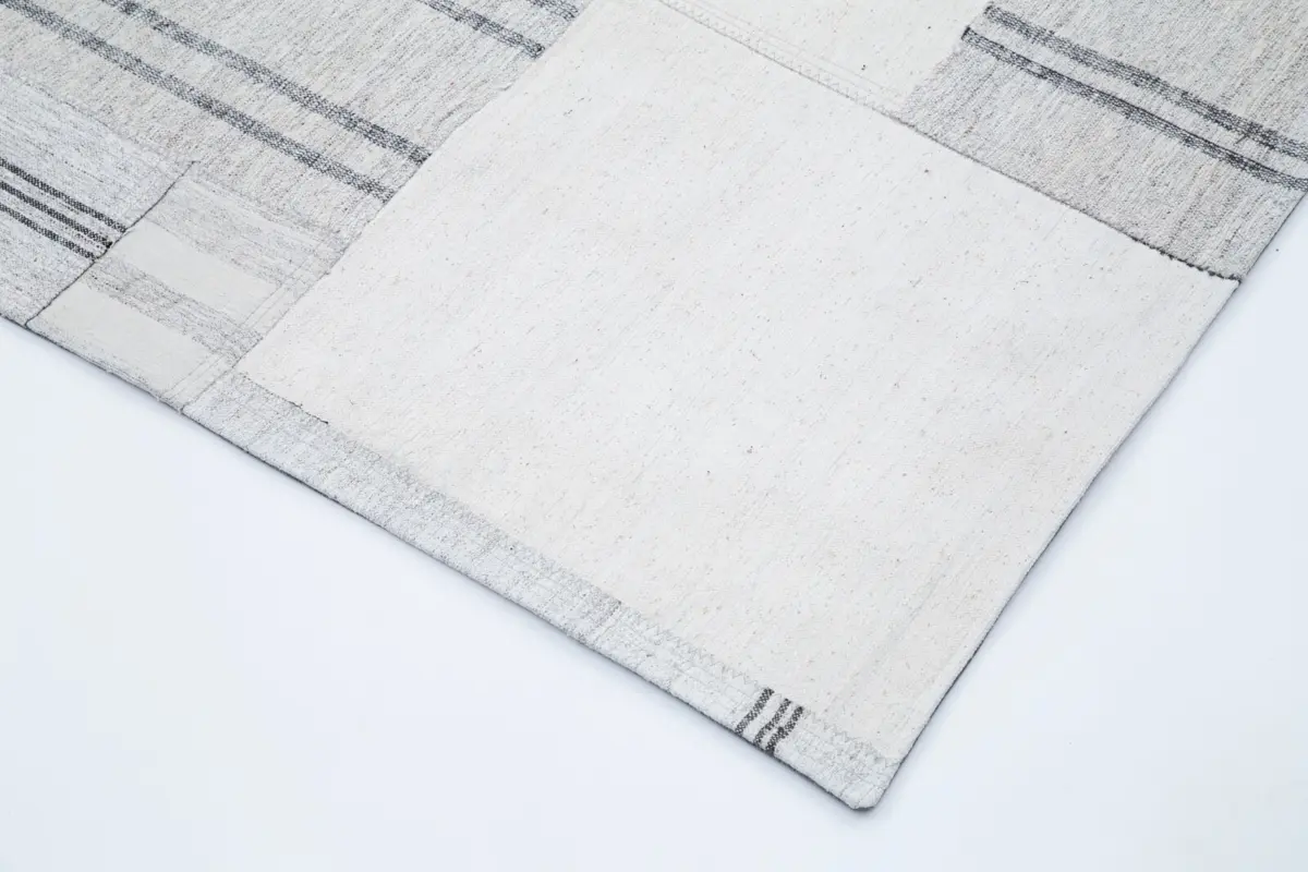 İnce Bez Patchwork Bej Pamuk Üzerine Yün El Dokuma Kilim-206x304 - Görsel 4