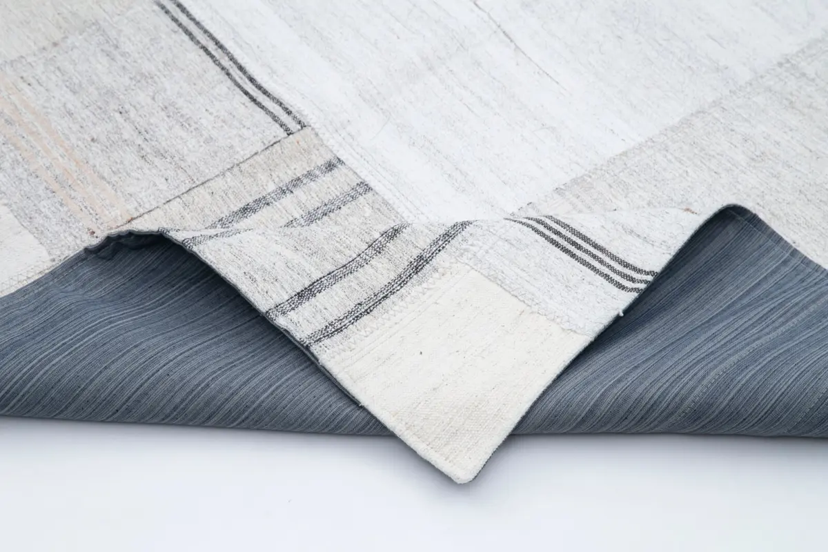 İnce Bez Patchwork Bej Pamuk Üzerine Yün El Dokuma Kilim-206x304 - Görsel 5