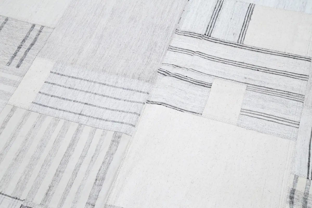 İnce Bez Patchwork Bej Pamuk Üzerine Yün El Dokuma Kilim-206x304 - Görsel 6