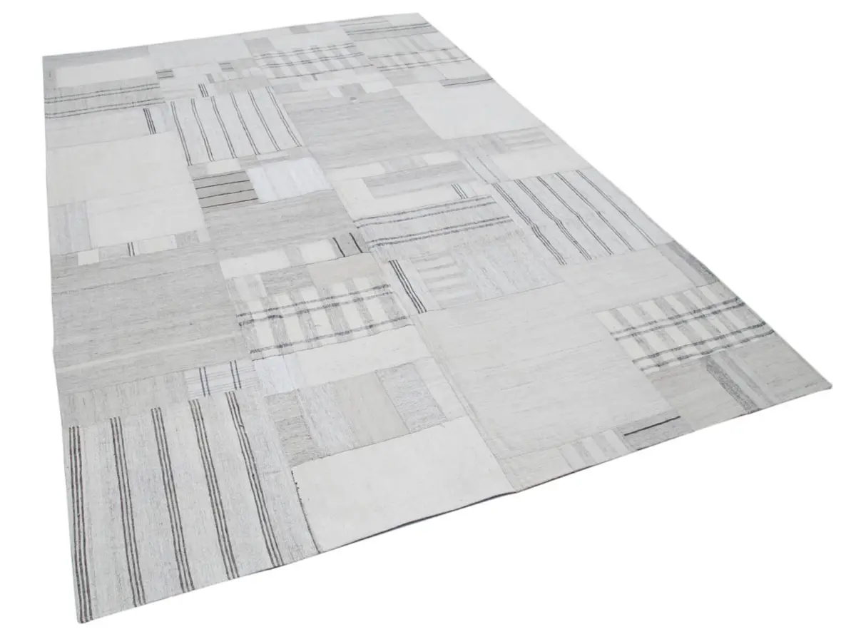 İnce Bez Patchwork Bej Pamuk Üzerine Yün El Dokuma Kilim-206x305 - Görsel 2