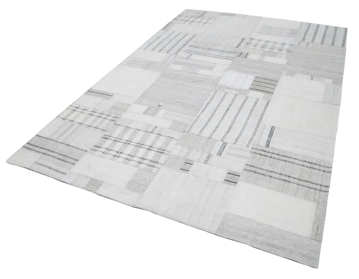 İnce Bez Patchwork Bej Pamuk Üzerine Yün El Dokuma Kilim-206x305 - Görsel 3