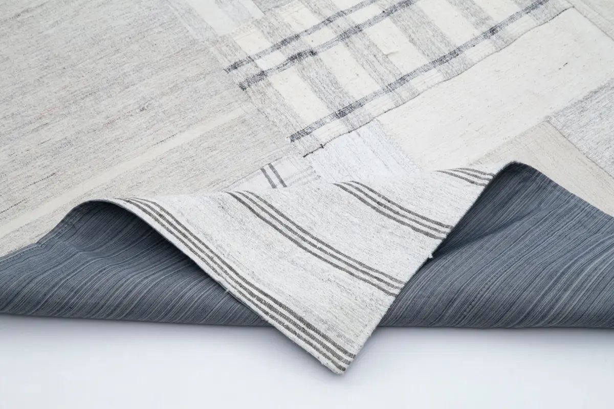 İnce Bez Patchwork Bej Pamuk Üzerine Yün El Dokuma Kilim-206x305 - Görsel 5