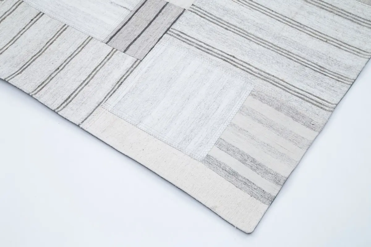 İnce Bez Patchwork Bej Pamuk Üzerine Yün El Dokuma Kilim-205x307 - Görsel 4
