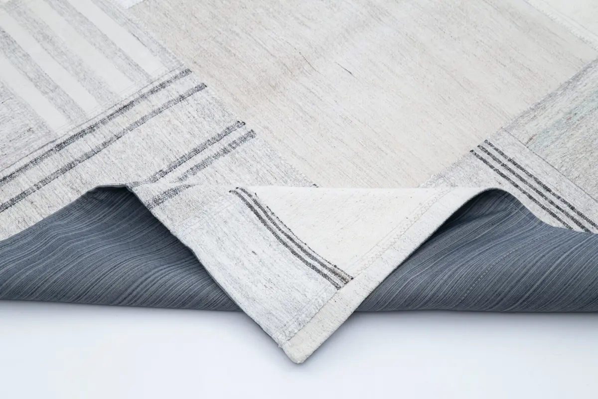 İnce Bez Patchwork Bej Pamuk Üzerine Yün El Dokuma Kilim-205x307 - Görsel 5