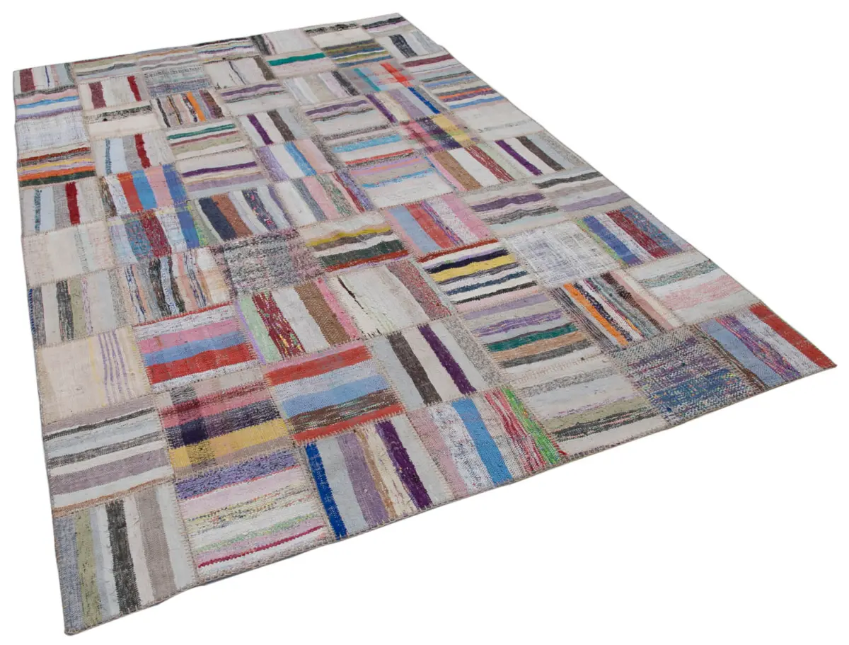 Chaput Patchwork Multi Renk Pamuk Üzerine Yün El Dokuma Kilim-207x298 - Görsel 2