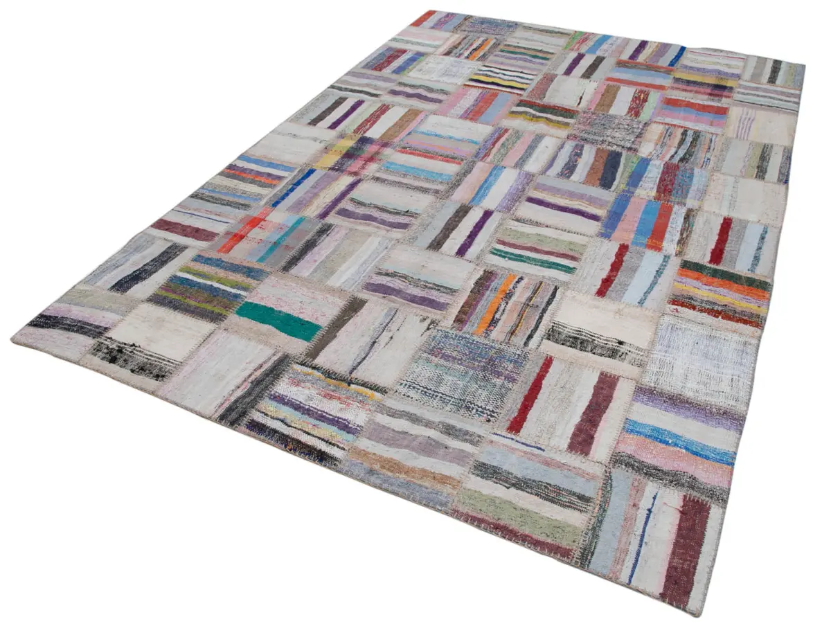 Chaput Patchwork Multi Renk Pamuk Üzerine Yün El Dokuma Kilim-207x298 - Görsel 3