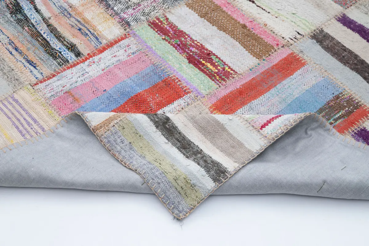 Chaput Patchwork Multi Renk Pamuk Üzerine Yün El Dokuma Kilim-207x298 - Görsel 5