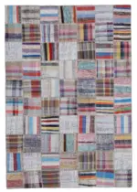 Chaput Patchwork Multi Renk Pamuk Üzerine Yün El Dokuma Kilim-205x297