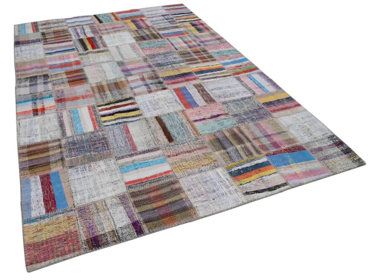 Chaput Patchwork Multi Renk Pamuk Üzerine Yün El Dokuma Kilim-205x297 - Görsel 2