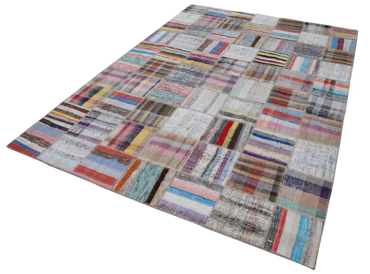Chaput Patchwork Multi Renk Pamuk Üzerine Yün El Dokuma Kilim-205x297 - Görsel 3