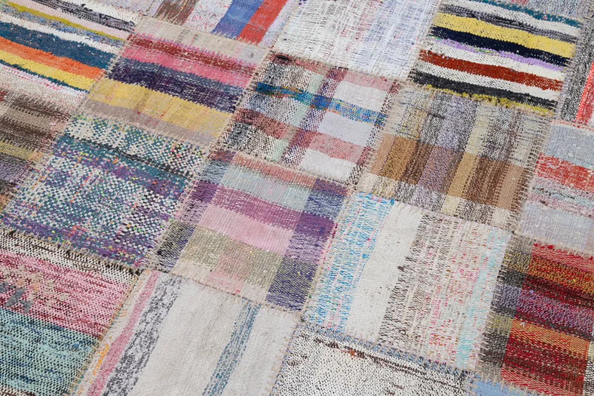 Chaput Patchwork Multi Renk Pamuk Üzerine Yün El Dokuma Kilim-205x297 - Görsel 6